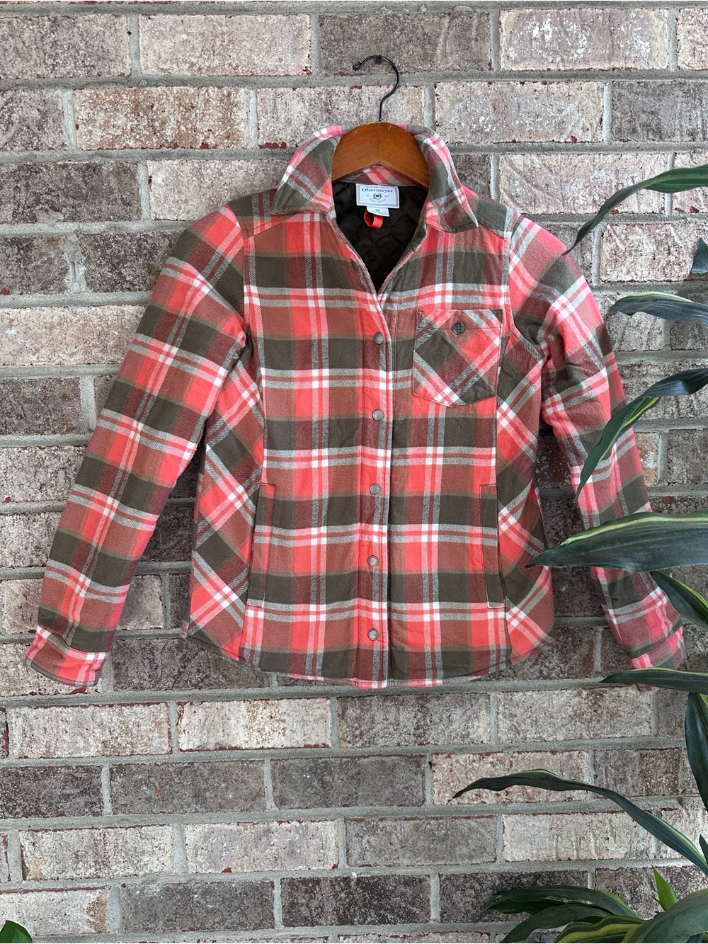 Kids Obermeyer Plaid Utility Coldweather Jacket in Coral & Olive Medium
